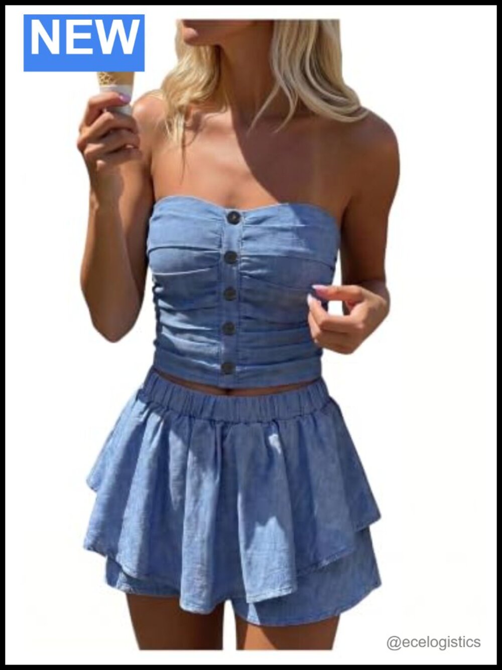 2 Piece Skirt Set Strapless Bandeau Crop Top Layered Ruffle Skort Casual Summer